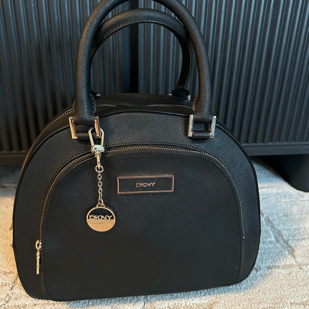 DKNY Black Saffiano Leather Dome Satchel with Logo Charm